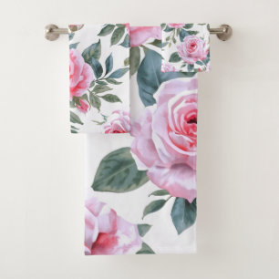 Pink Rose Floral Cottagecore Watercolor Pattern Bath Towel Set