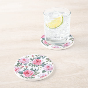 Pink Rose Floral Cottagecore Watercolor Pattern Coaster