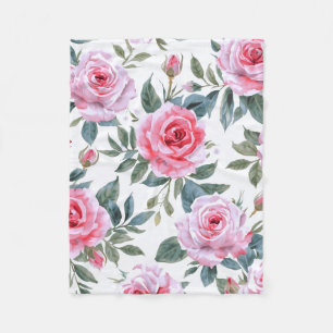 Pink Rose Floral Cottagecore Watercolor Pattern Fleece Blanket
