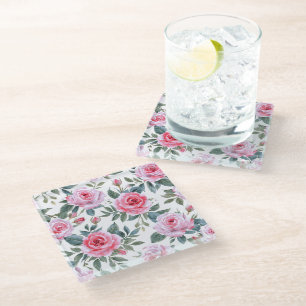 Pink Rose Floral Cottagecore Watercolor Pattern Glass Coaster