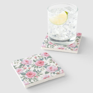 Pink Rose Floral Cottagecore Watercolor Pattern Stone Coaster