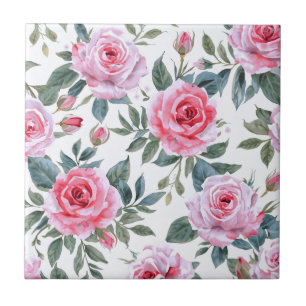 Pink Rose Floral Cottagecore Watercolor Pattern Tile