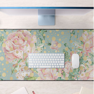 Pink rose floral dot gold teal elegant vintage  desk mat