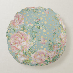 Pink rose floral dot gold teal elegant vintage round cushion