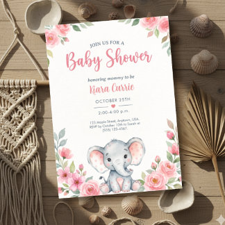 Pink Rose Floral Elephant Baby Girl Shower Invitation