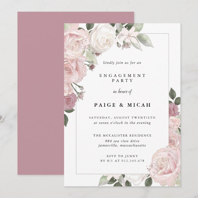 Pink Rose Floral Engagement Party Invitation (Front/Back)