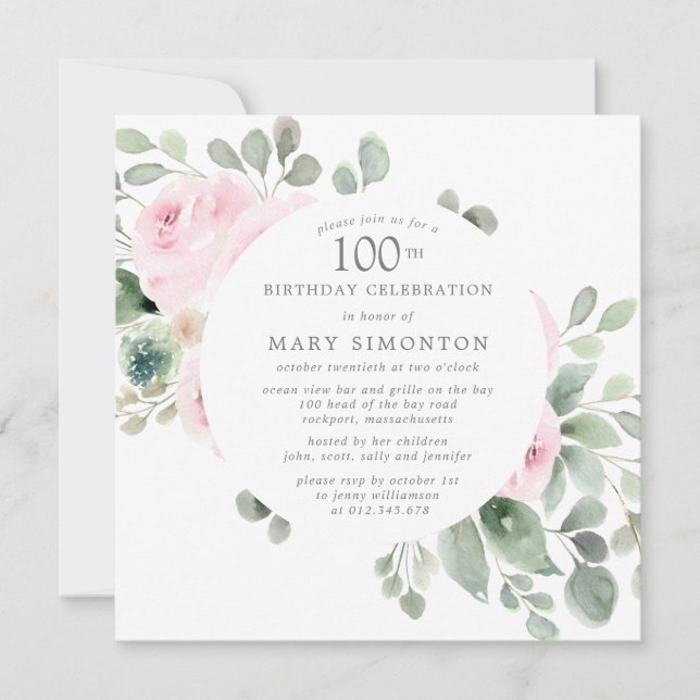 Pink Rose Floral Eucalyptus 100th Birthday Party Invitation (Front)