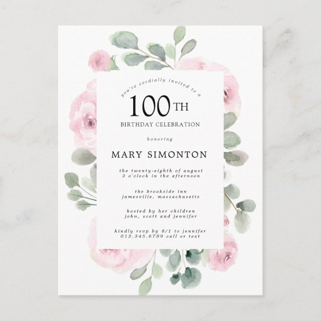 Pink Rose Floral Eucalyptus 100th Birthday Party Invitation Postcard (Front)