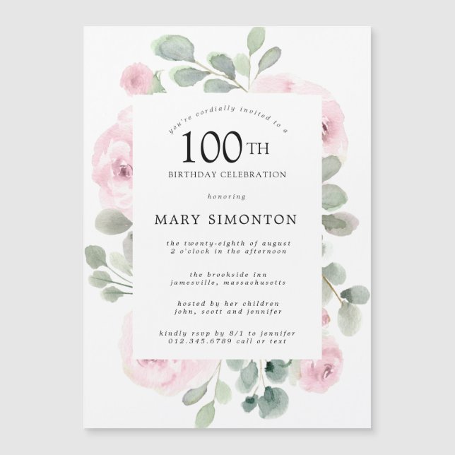 Pink Rose Floral Eucalyptus 100th Birthday Party Magnetic Invitation (Front)