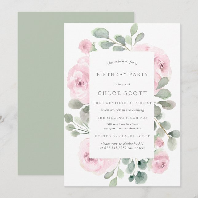 Pink Rose Floral Eucalyptus Birthday Invitation (Front/Back)