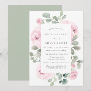 Pink Rose Floral Eucalyptus Birthday Invitation