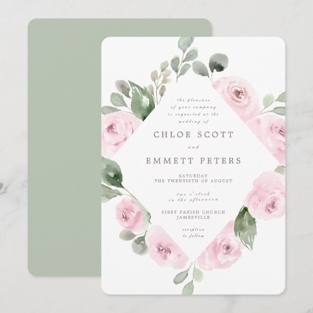 Pink Rose Floral Eucalyptus Botanical Wedding Invitation (Front/Back)