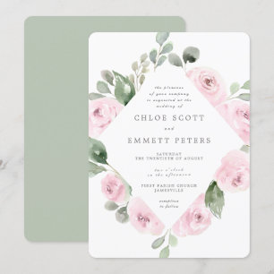 Pink Rose Floral Eucalyptus Botanical Wedding Invitation