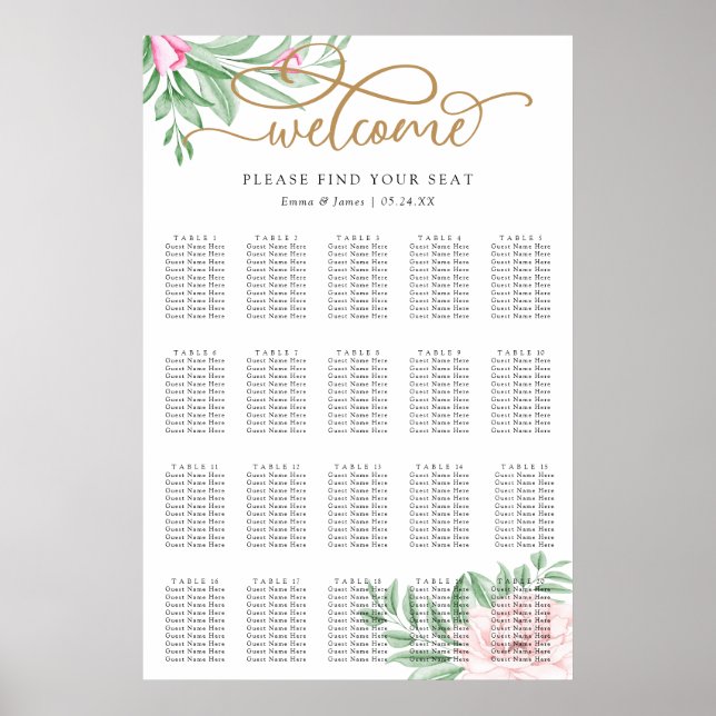 Pink Rose Floral Eucalyptus Wedding Seating Chart (Front)