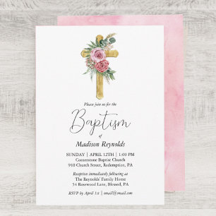 Pink Rose Floral Fern Wooden Cross Baptism Invitation