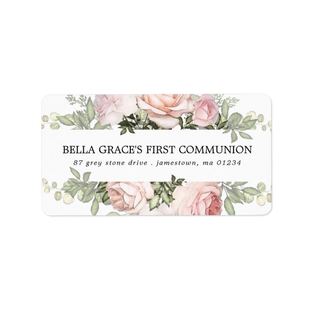Pink Rose Floral First Communion Address Label (Front)