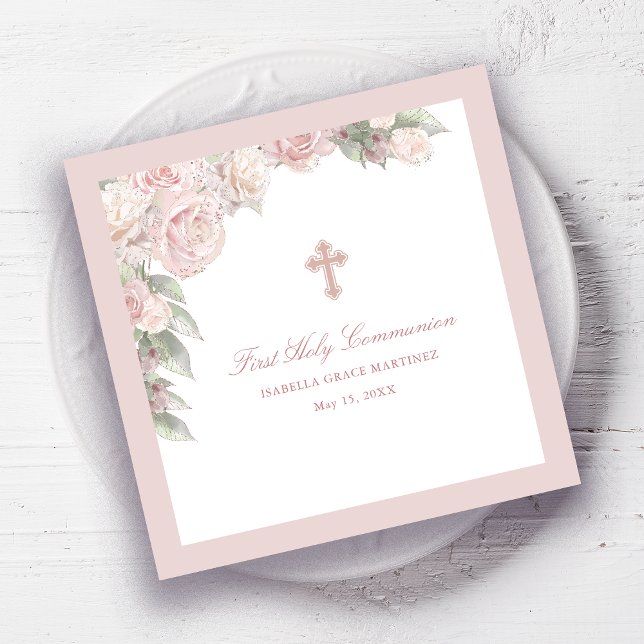 Pink Rose Floral First Communion Cocktail Napkin (Creator Uploaded)