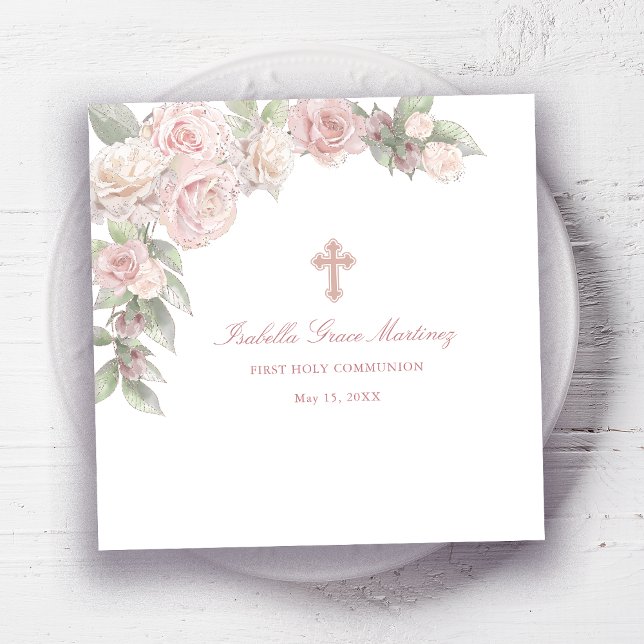 Pink Rose Floral First Communion Cocktail Napkin (Creator Uploaded)