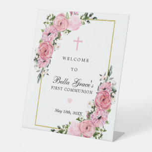 Pink Rose Floral First Communion Welcome Pedestal Sign