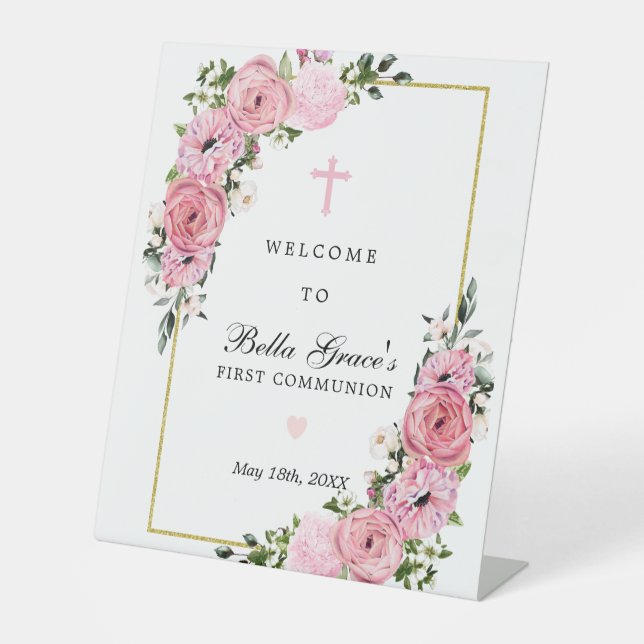 Pink Rose Floral First Communion Welcome Pedestal Sign (Front)