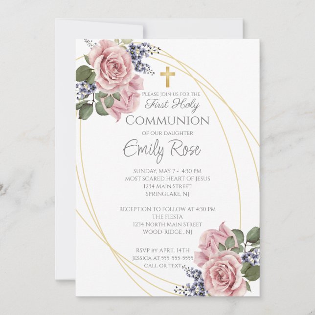 Pink Rose Floral First Holy Communion Invitation (Front)
