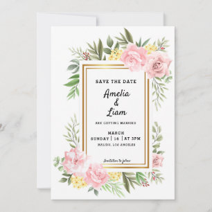 Pink Rose Floral Flora Theme Wedding Save The Date Invitation