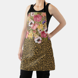 Pink Rose Floral Flower Gold Leopard Jaguar Apron