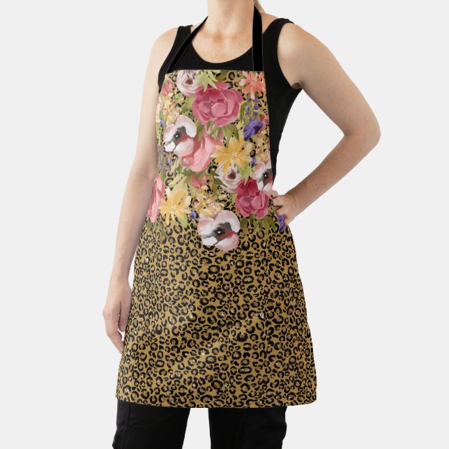 Pink Rose Floral Flower Gold Leopard Jaguar Apron (Insitu)