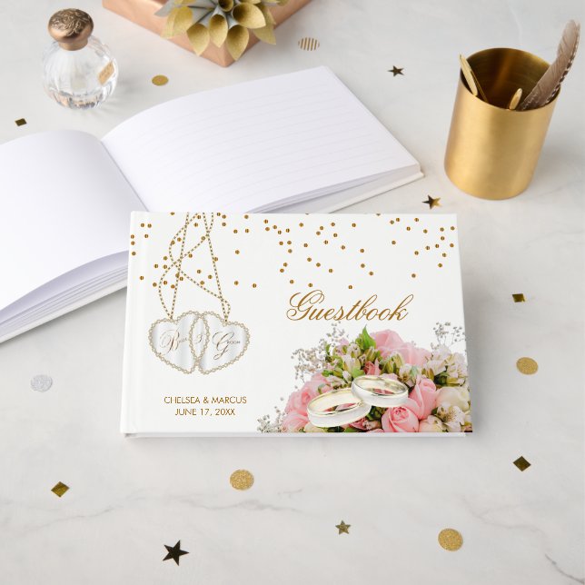 Pink Rose Floral Flowers - Wedding Guest Book (Front Open)