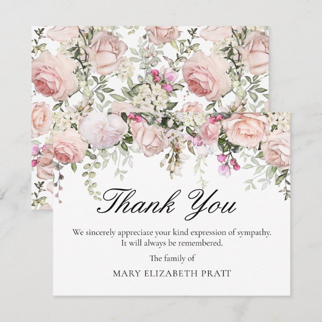 Pink Rose Floral Funeral Thank You Card (Front/Back)