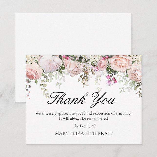 Pink Rose Floral Funeral Thank You Card (Front/Back)