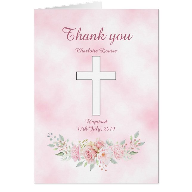 Pink rose floral girl Baptism Thank You photo (Front)