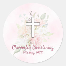 Pink rose floral girl Christening Classic Round Sticker