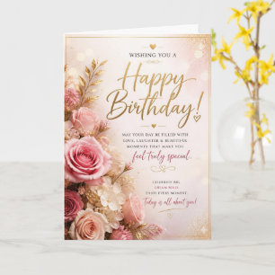 Pink Rose Floral Gold Birthday Card