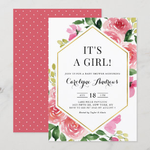 Pink Rose Floral Gold Foil It's a Girl Baby Shower Invitation