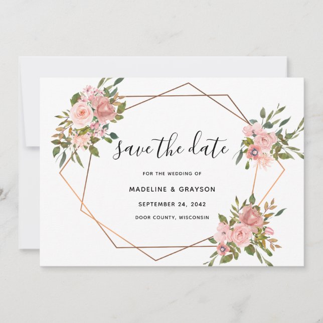 Pink Rose Floral Gold Frame Geometric Wedding Save The Date (Front)