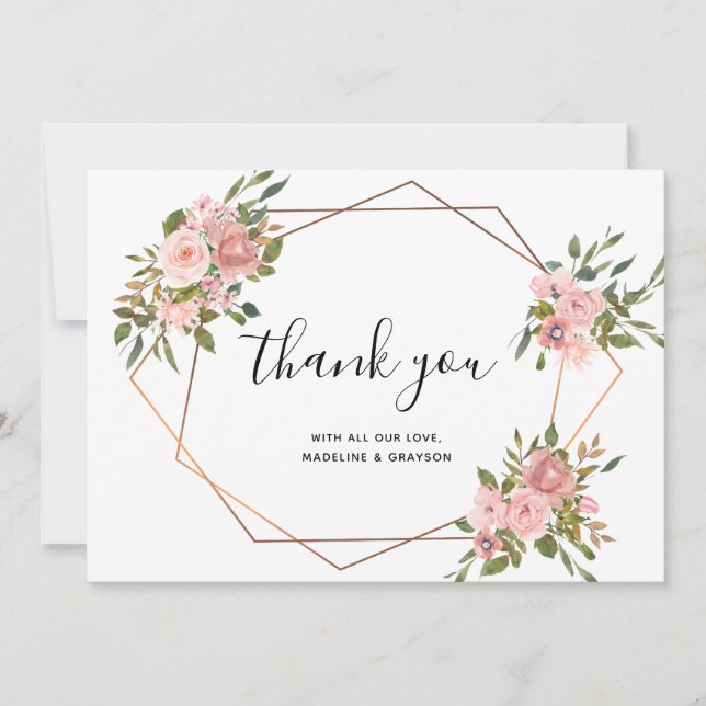 Pink Rose Floral Gold Frame Geometric Wedding Thank You Card (Front)