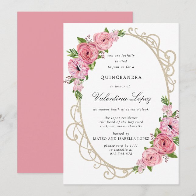Pink Rose Floral Gold Quinceanera Invitation (Front/Back)