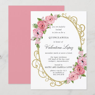 Pink Rose Floral Gold Quinceanera Invitation