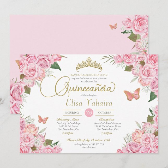 Pink Rose Floral Gold Tiara Butterfly Quinceanera  Invitation (Front/Back)