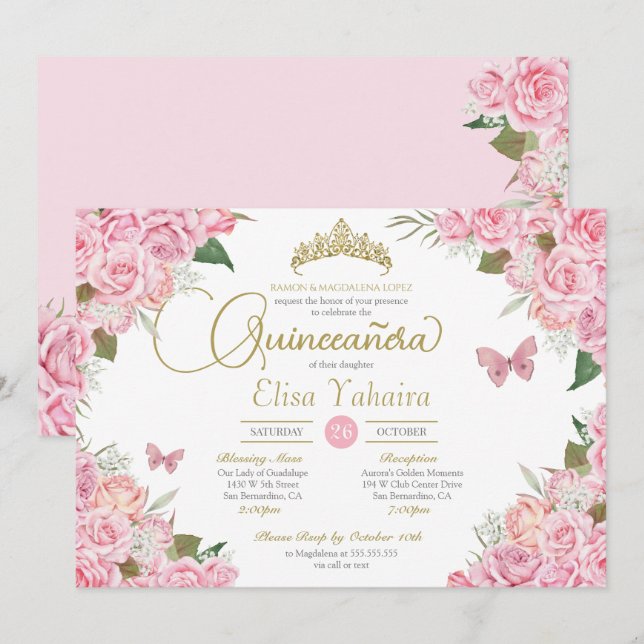 Pink Rose Floral Gold Tiara Butterfly Quinceanera Invitation (Front/Back)