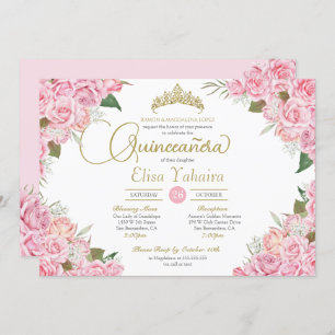 Pink Rose Floral Gold Tiara Quinceanera Invitation