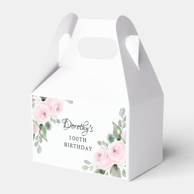 Pink Rose Floral Green Eucalyptus 100th Birthday Favour Box (Front Side)
