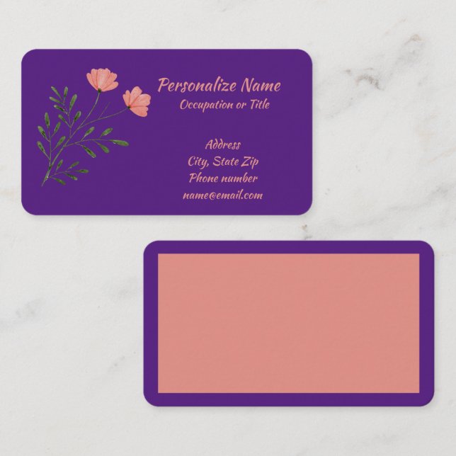 Pink Rose Floral Green Stem Purple Trendy Business Card (Front/Back)