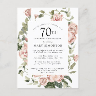 Pink Rose Floral Greenery 70th Birthday Invitation Postcard