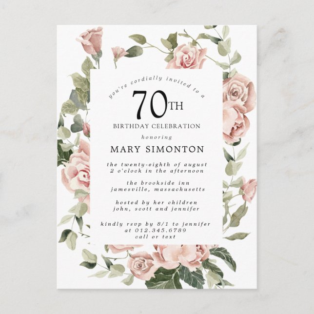 Pink Rose Floral Greenery 70th Birthday Invitation Postcard (Front)