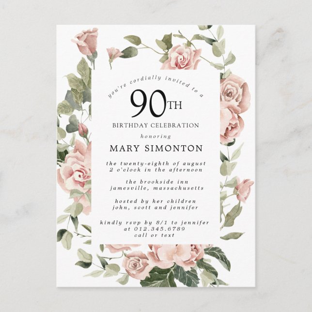 Pink Rose Floral Greenery 90th Birthday Invitation Postcard (Front)