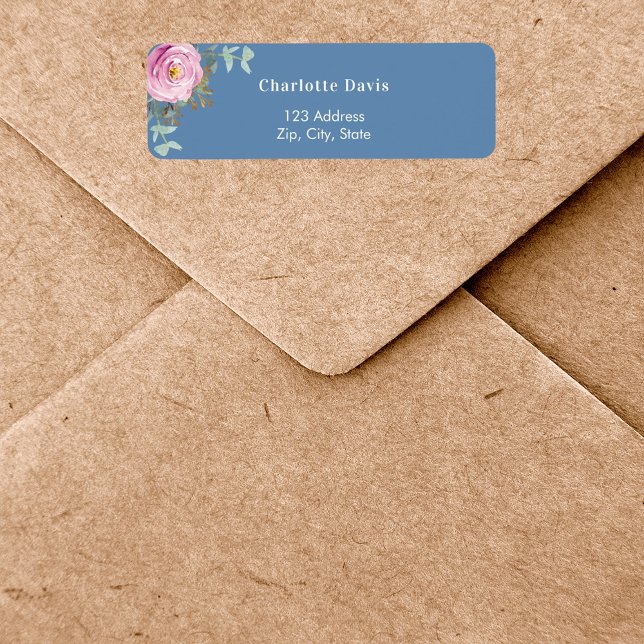 Pink rose floral greenery blue return address  (Creator Uploaded)