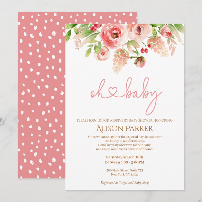 Pink Rose Floral Greenery Drive By Baby Shower Invitation (Front/Back)