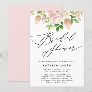 Pink Rose Floral Greenery Elegant Bridal Shower Invitation